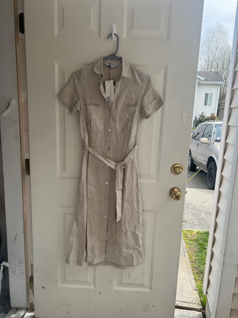 NWT Hiris Cotton Button-Front Short Sleeve Linen Midi Dress in Natural Beige
